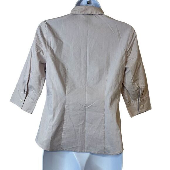 Ann Taylor Factory Petite Striped 3/4 Sleeve Ruffle Front Blouse Size 0P - Picture 2 of 7